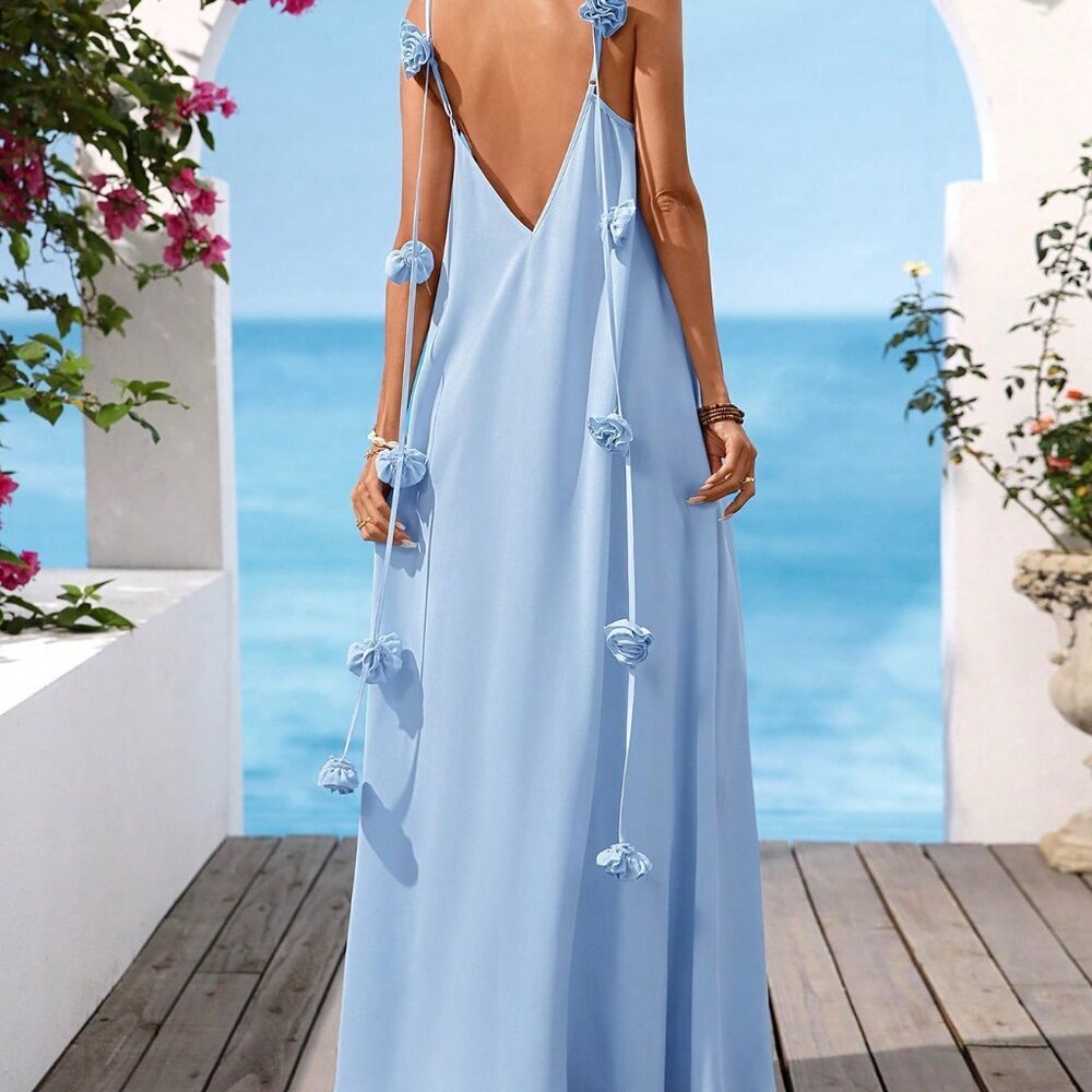 Blue Boho Women's 3D Flower Strap Maxi Sundress - Picture 5 of 7